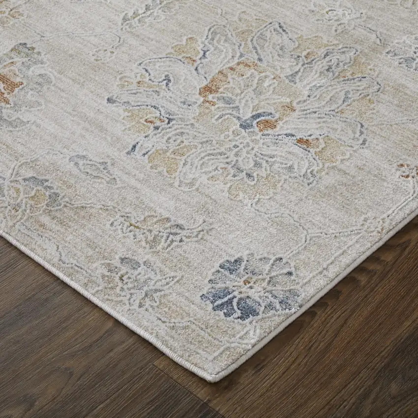Ivory Taupe and Blue Floral Power Loom Worn Faded Area Rug With Fringe Photo 9