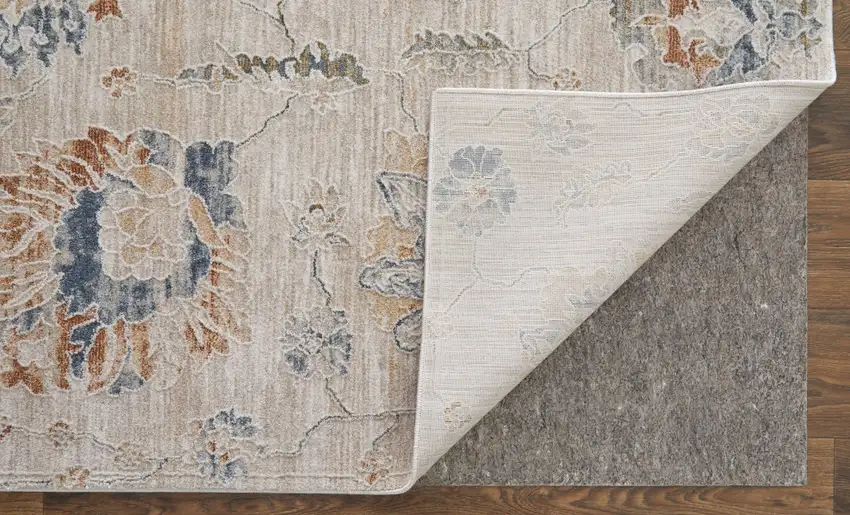 Ivory Taupe and Blue Floral Power Loom Worn Faded Area Rug With Fringe Photo 6