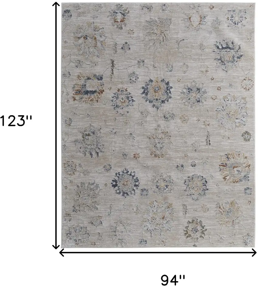 Ivory Taupe and Blue Floral Power Loom Worn Faded Area Rug With Fringe Photo 3