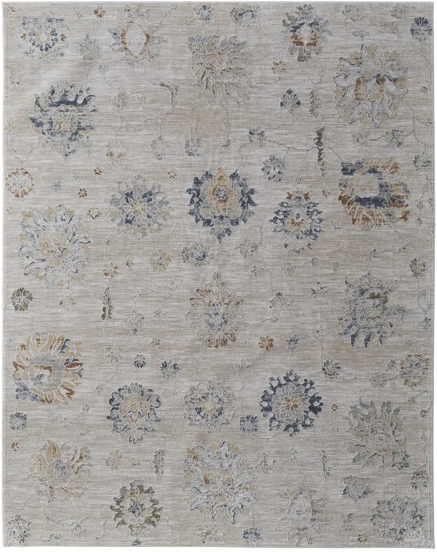 Ivory Taupe and Blue Floral Power Loom Worn Faded Area Rug With Fringe Photo 4