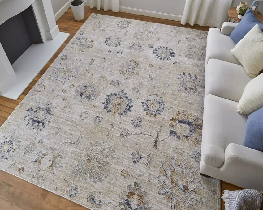 Ivory Taupe and Blue Floral Power Loom Worn Faded Area Rug With Fringe Photo 9