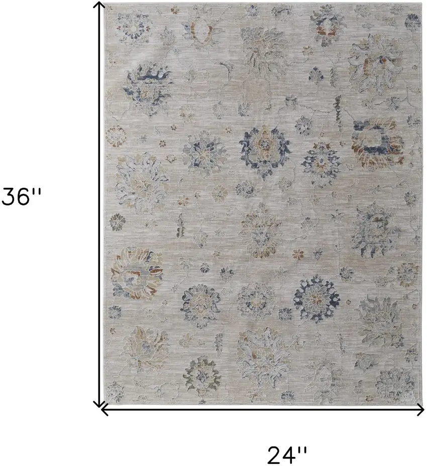 Ivory Taupe and Blue Floral Power Loom Worn Faded Area Rug With Fringe Photo 3