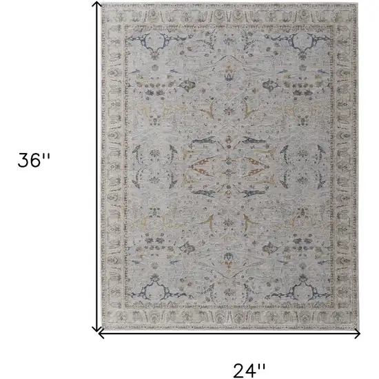 Ivory Taupe and Blue Ikat Power Loom Worn Faded Area Rug With Fringe Photo 3
