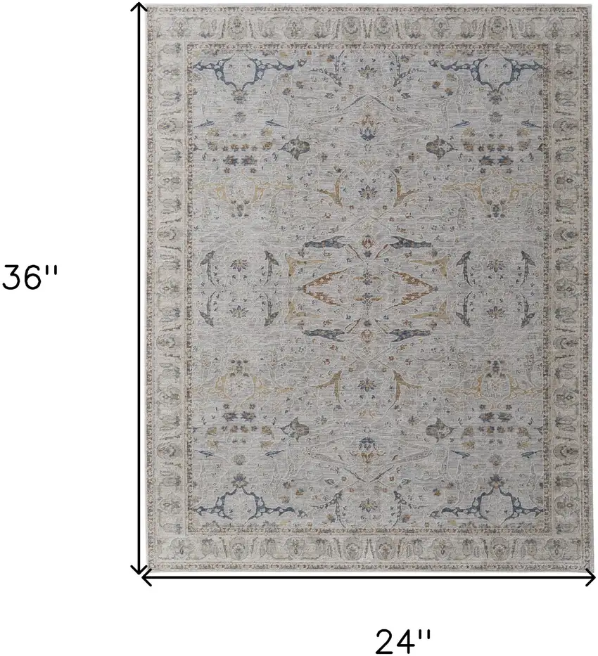 Ivory Taupe and Blue Ikat Power Loom Worn Faded Area Rug With Fringe Photo 3