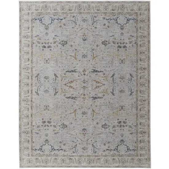 Ivory Taupe and Blue Ikat Power Loom Worn Faded Area Rug With Fringe Photo 2