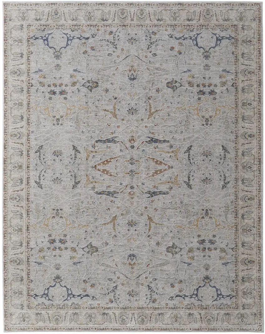 Ivory Taupe and Blue Ikat Power Loom Worn Faded Area Rug With Fringe Photo 2