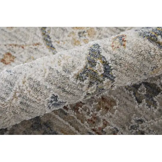 Ivory Taupe and Blue Ikat Power Loom Worn Faded Area Rug With Fringe Photo 6