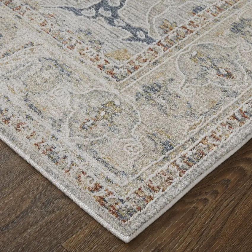 Ivory Taupe and Blue Ikat Power Loom Worn Faded Area Rug With Fringe Photo 9