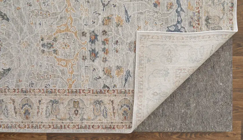 Ivory Taupe and Blue Ikat Power Loom Worn Faded Area Rug With Fringe Photo 7