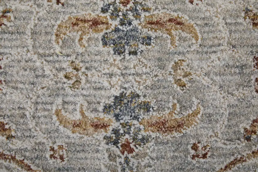 Ivory Taupe and Blue Ikat Power Loom Worn Faded Area Rug With Fringe Photo 4
