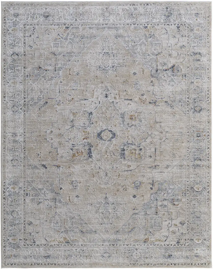 Ivory Taupe and Blue Oriental Power Loom Worn Faded Area Rug With Fringe Photo 5