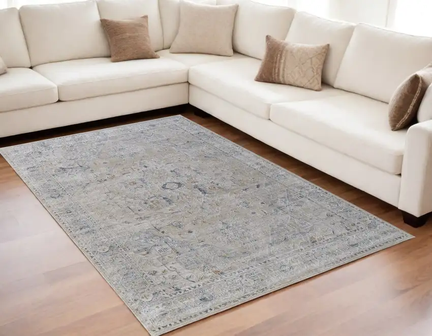 Ivory Taupe and Blue Oriental Power Loom Worn Faded Area Rug With Fringe Photo 1