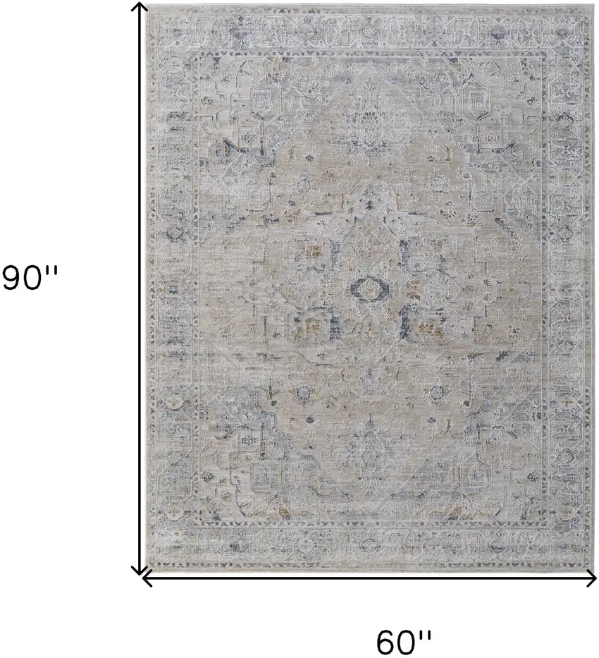 Ivory Taupe and Blue Oriental Power Loom Worn Faded Area Rug With Fringe Photo 3