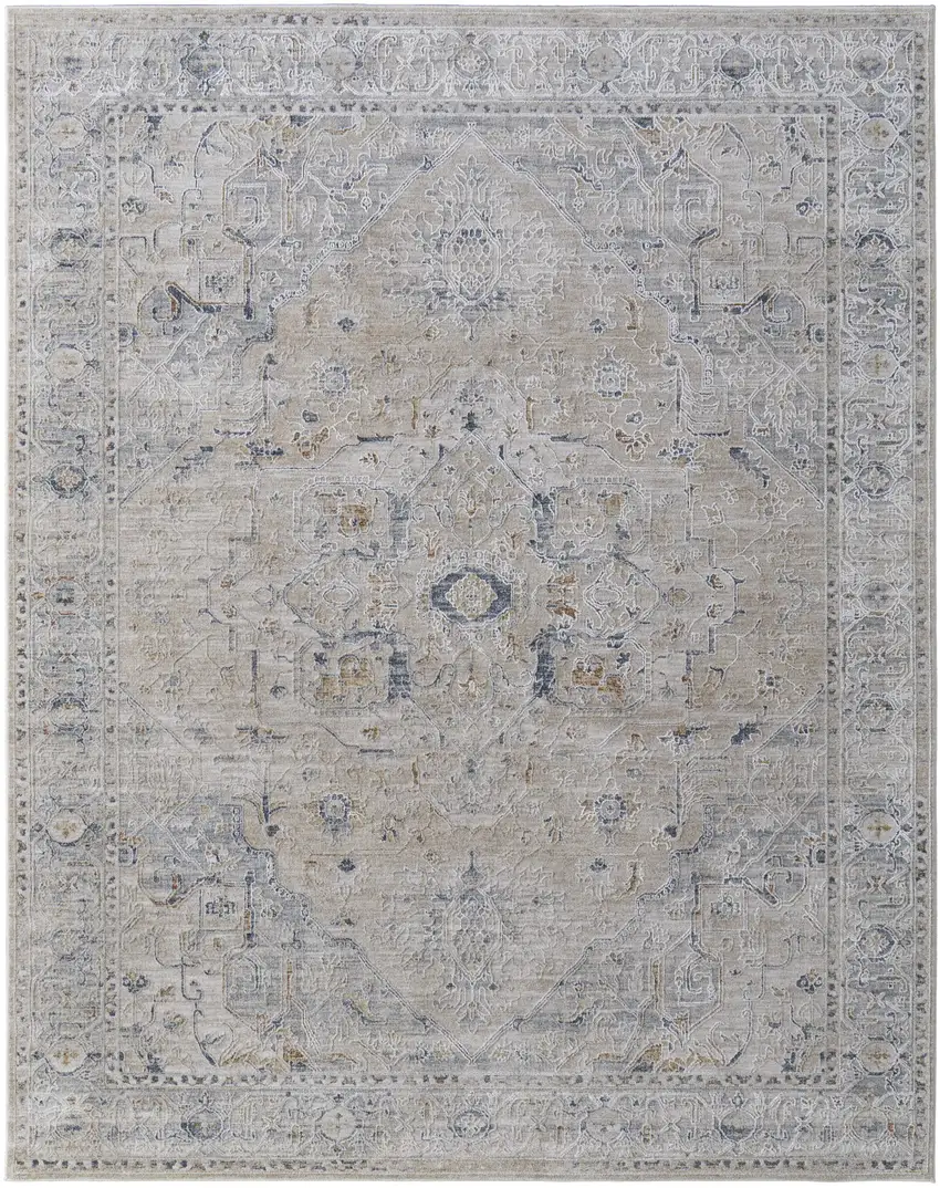 Ivory Taupe and Blue Oriental Power Loom Worn Faded Area Rug With Fringe Photo 4