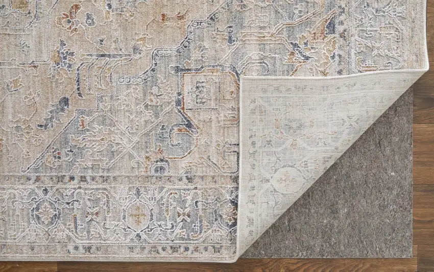 Ivory Taupe and Blue Oriental Power Loom Worn Faded Area Rug With Fringe Photo 9