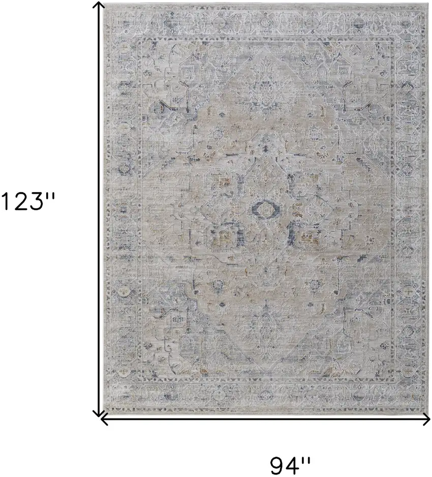 Ivory Taupe and Blue Oriental Power Loom Worn Faded Area Rug With Fringe Photo 3