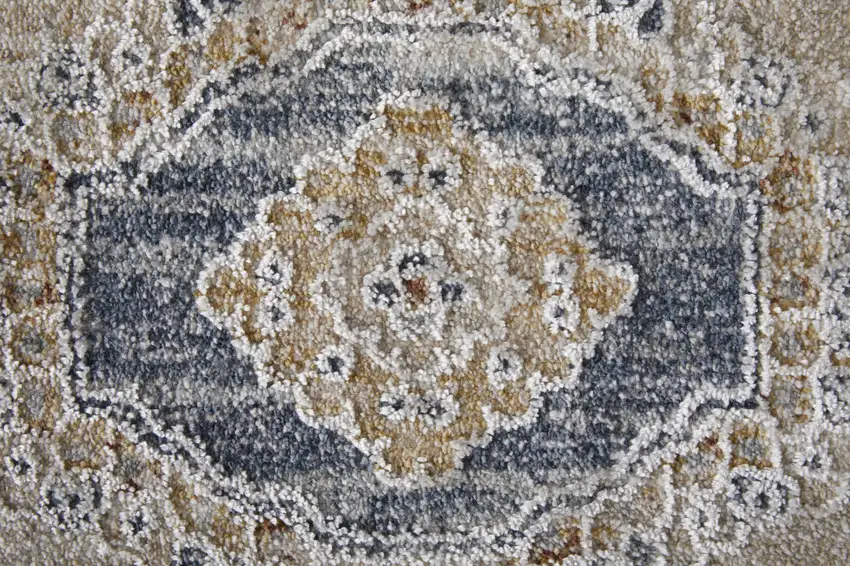 Ivory Taupe and Blue Oriental Power Loom Worn Faded Area Rug With Fringe Photo 7