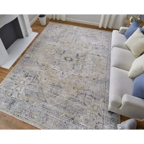 Ivory Taupe and Blue Oriental Power Loom Worn Faded Area Rug With Fringe Photo 9