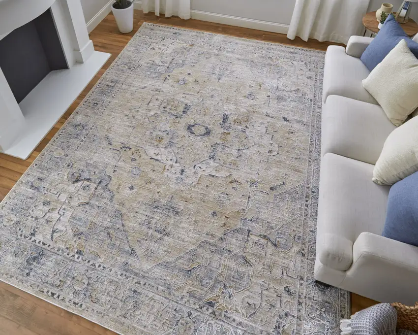 Ivory Taupe and Blue Oriental Power Loom Worn Faded Area Rug With Fringe Photo 9