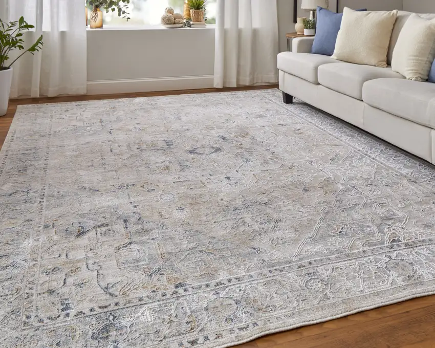 Ivory Taupe and Blue Oriental Power Loom Worn Faded Area Rug With Fringe Photo 9