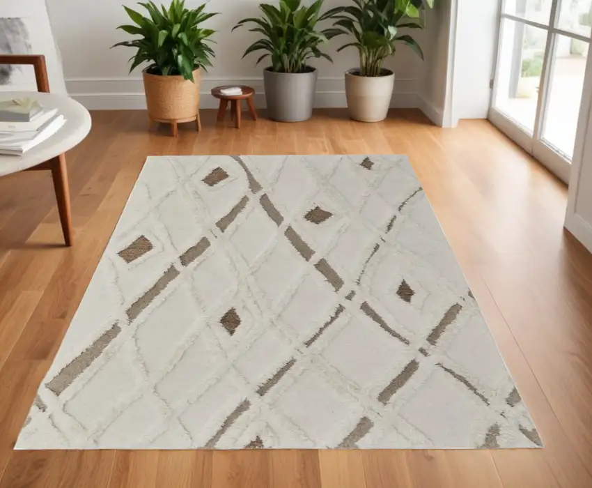 Ivory Taupe and Brown Wool Geometric Hand Tufted Area Rug Photo 2