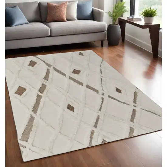 Ivory Taupe and Brown Wool Geometric Hand Tufted Area Rug Photo 2
