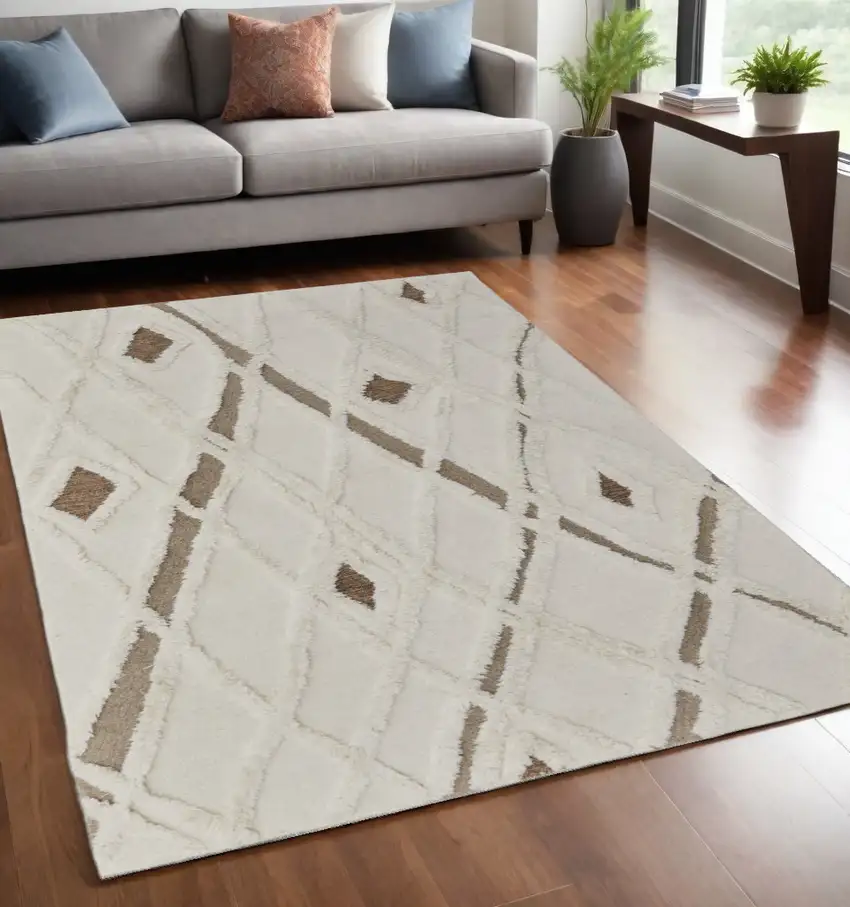 Ivory Taupe and Brown Wool Geometric Hand Tufted Area Rug Photo 2