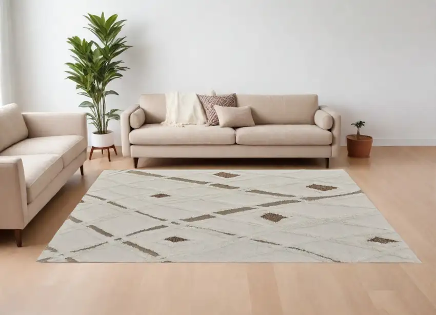 Ivory Taupe and Brown Wool Geometric Hand Tufted Area Rug Photo 2