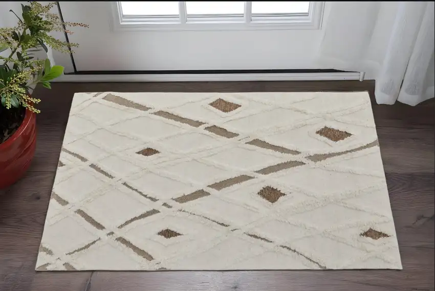 Ivory Taupe and Brown Wool Geometric Hand Tufted Area Rug Photo 1