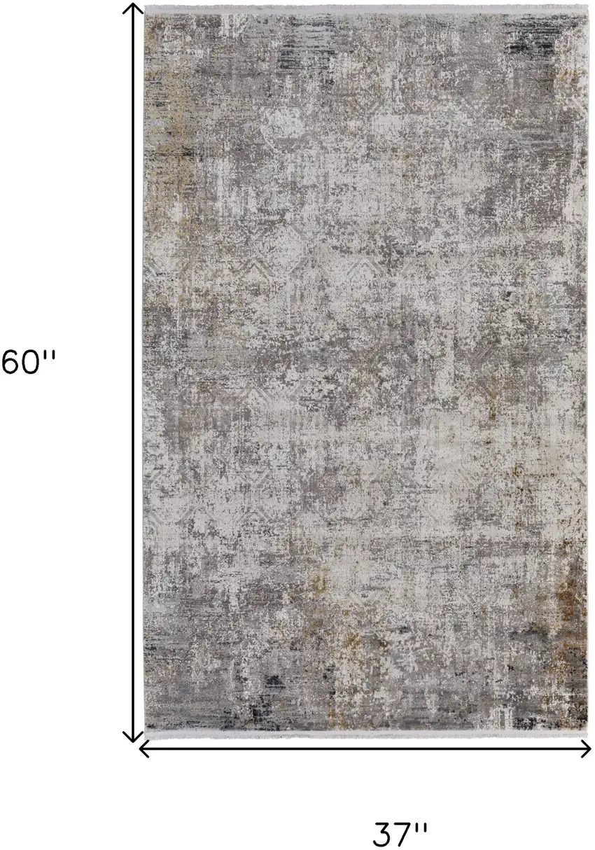 Ivory Taupe and Gray Abstract Power Loom Distressed Area Rug With Fringe Photo 3
