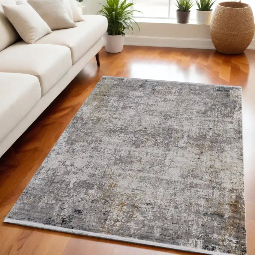Ivory Taupe and Gray Abstract Power Loom Distressed Area Rug With Fringe Photo 1