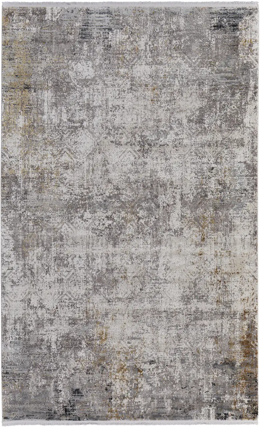 Ivory Taupe and Gray Abstract Power Loom Distressed Area Rug With Fringe Photo 2