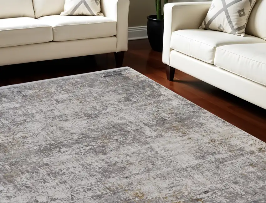 Ivory Taupe and Gray Abstract Power Loom Distressed Area Rug With Fringe Photo 1