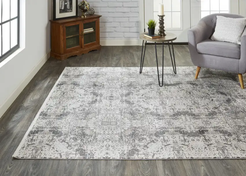 Ivory Taupe and Gray Abstract Power Loom Distressed Area Rug With Fringe Photo 9