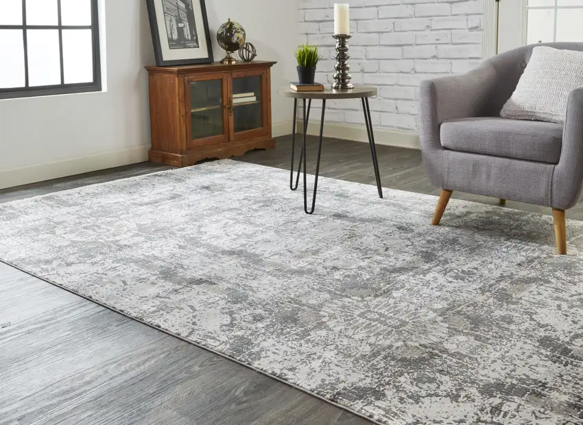 Ivory Taupe and Gray Abstract Power Loom Distressed Area Rug With Fringe Photo 9