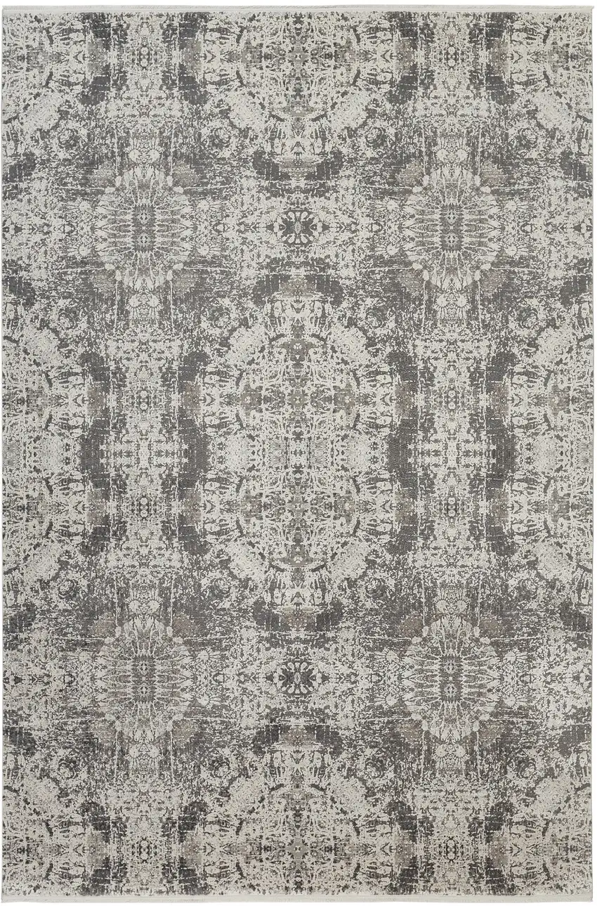 Ivory Taupe and Gray Abstract Power Loom Distressed Area Rug With Fringe Photo 2