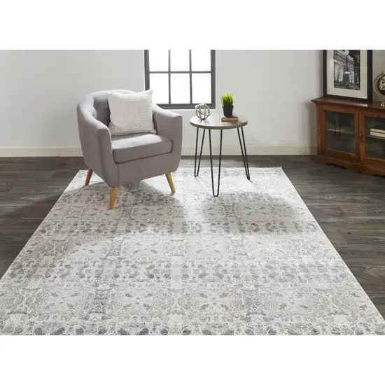 Ivory Taupe and Gray Oriental Power Loom Area Rug With Fringe Photo 9