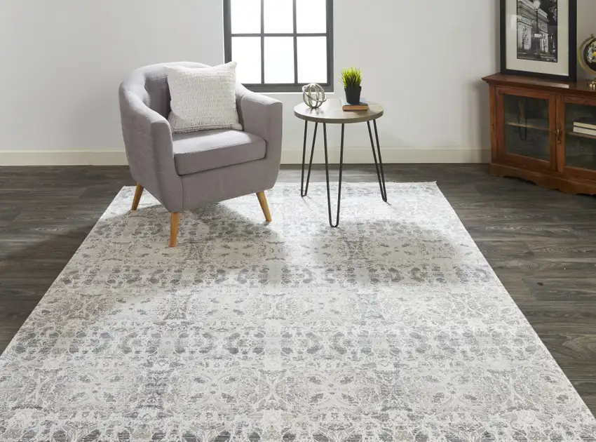 Ivory Taupe and Gray Oriental Power Loom Area Rug With Fringe Photo 9