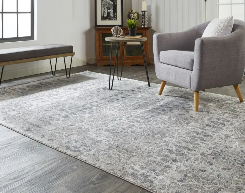 Ivory Taupe and Gray Oriental Power Loom Area Rug With Fringe Photo 8