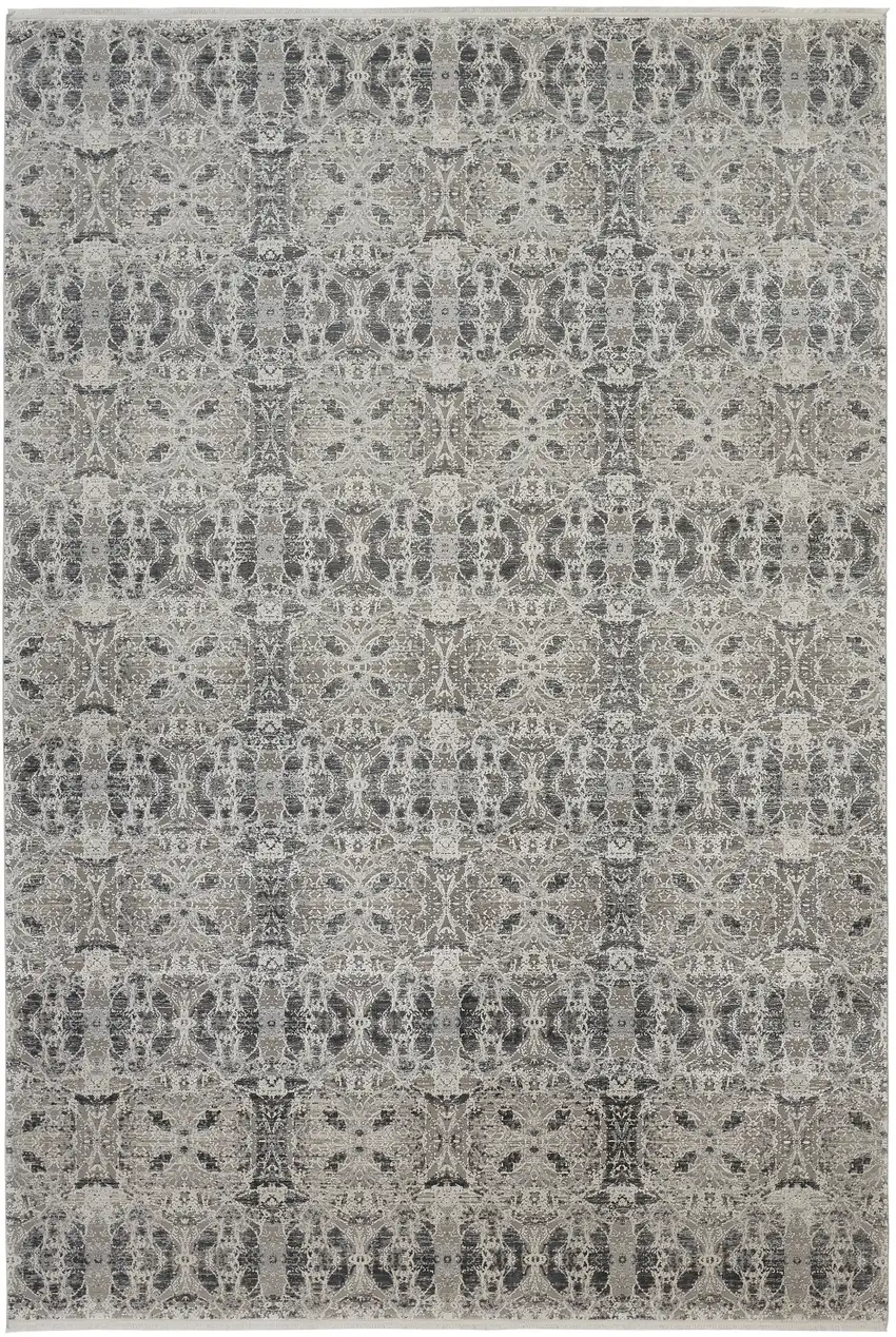 Ivory Taupe and Gray Oriental Power Loom Area Rug With Fringe Photo 2