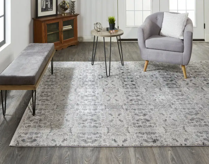 Ivory Taupe and Gray Oriental Power Loom Area Rug With Fringe Photo 9