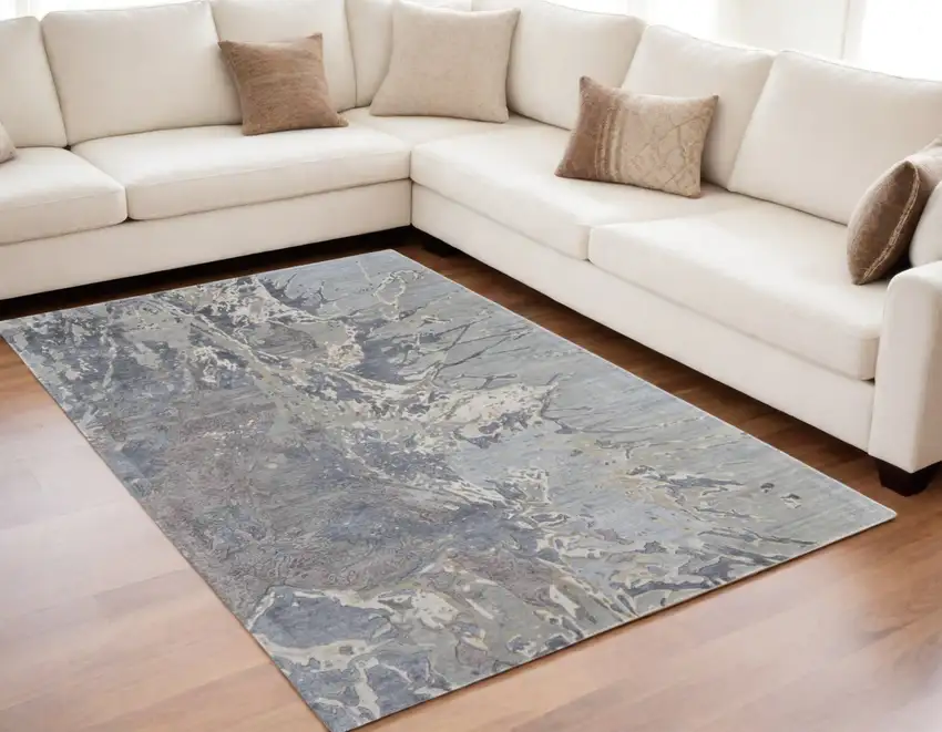 Ivory Taupe and Green Abstract Hand Tufted Worn Faded Area Rug Photo 1