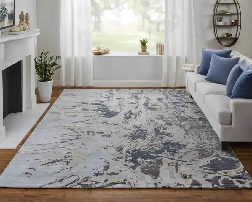 Ivory Taupe and Green Abstract Hand Tufted Worn Faded Area Rug Photo 4