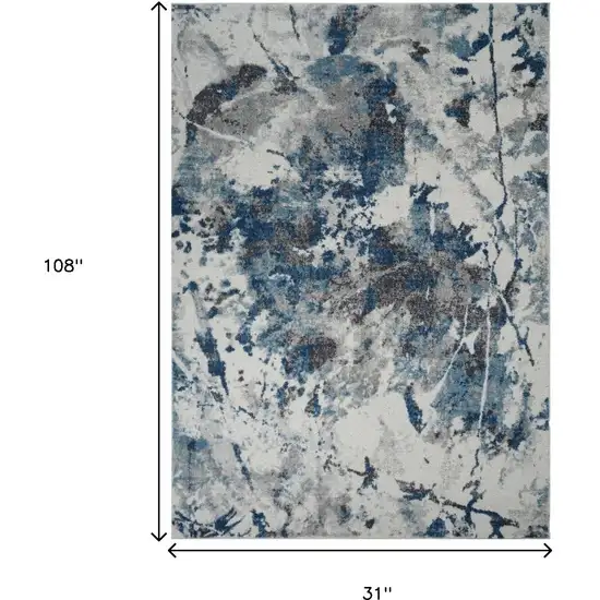 Ivory Teal And Black Abstract Runner Rug Photo 5