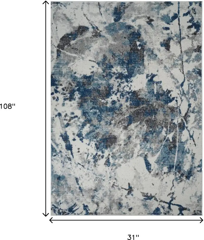 Ivory Teal And Black Abstract Runner Rug Photo 5