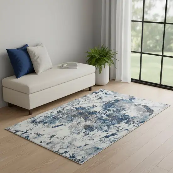 Ivory Teal And Black Abstract Runner Rug Photo 1