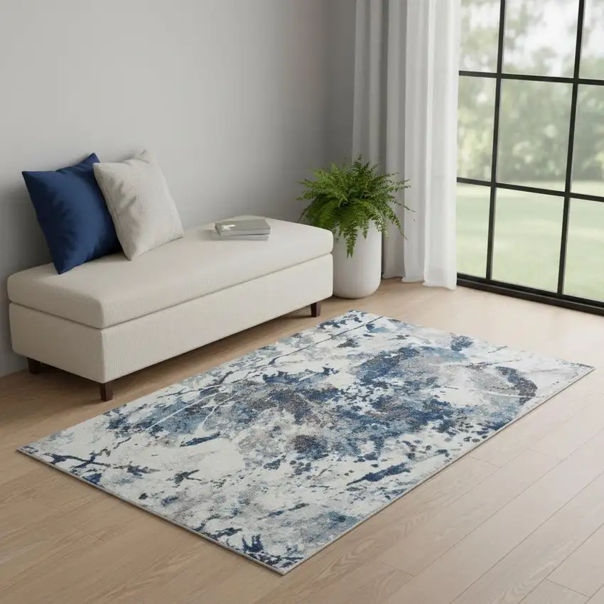 Ivory Teal And Black Abstract Runner Rug Photo 1