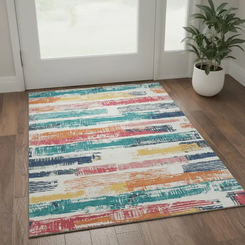 Ivory Teal And Orange Striped Washable Area Rug With UV Protection Photo 2