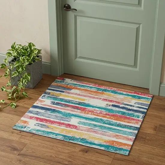Ivory Teal And Orange Striped Washable Area Rug With UV Protection Photo 1