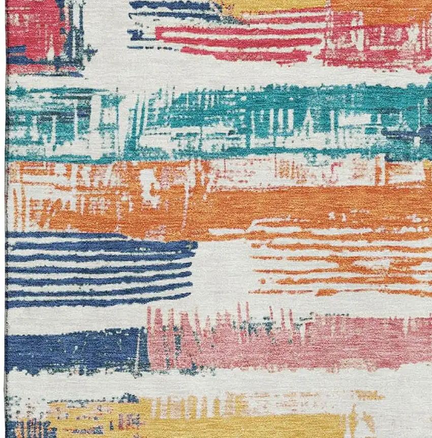 Ivory Teal And Orange Striped Washable Area Rug With UV Protection Photo 2